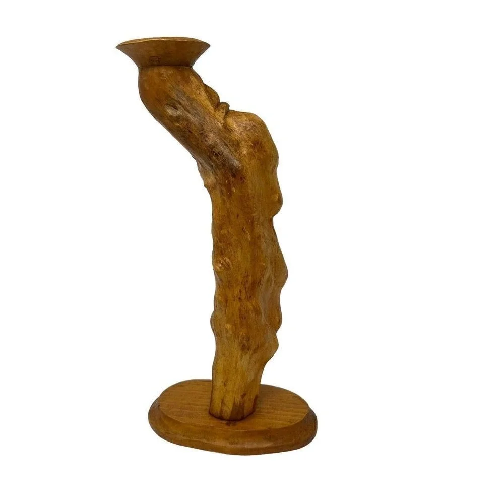Hand Carved Wood Spirit Wizard Candlestick Holder Folk Art Whimsical Bearded Man